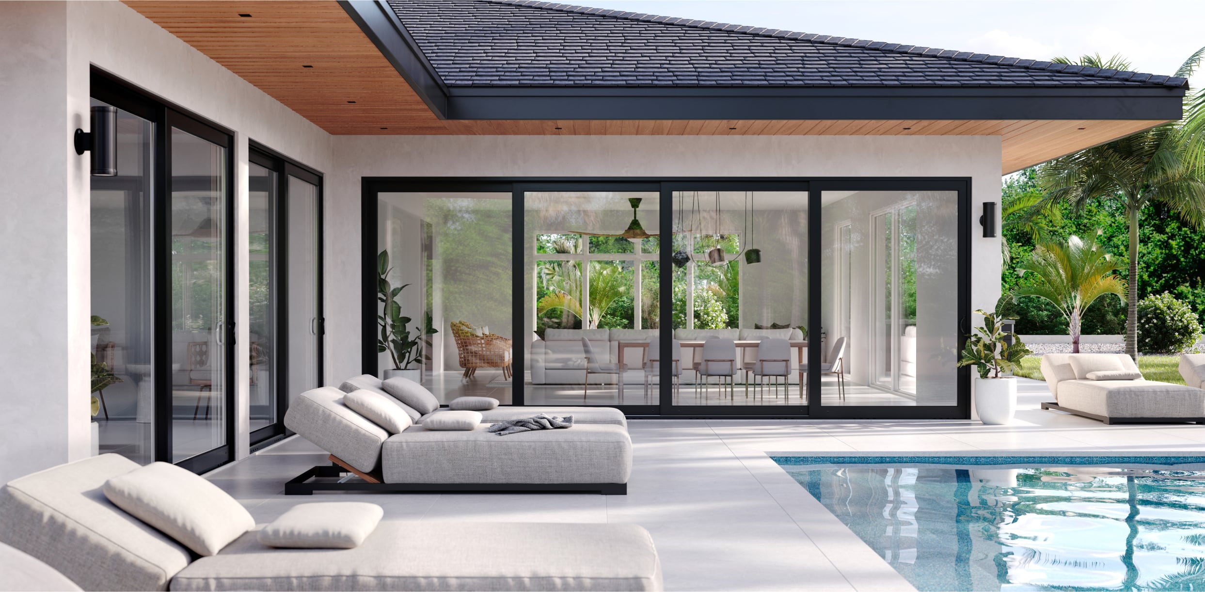 Exterior Black Perspective Four-Panel Multi-Slide Bypass Patio Doors