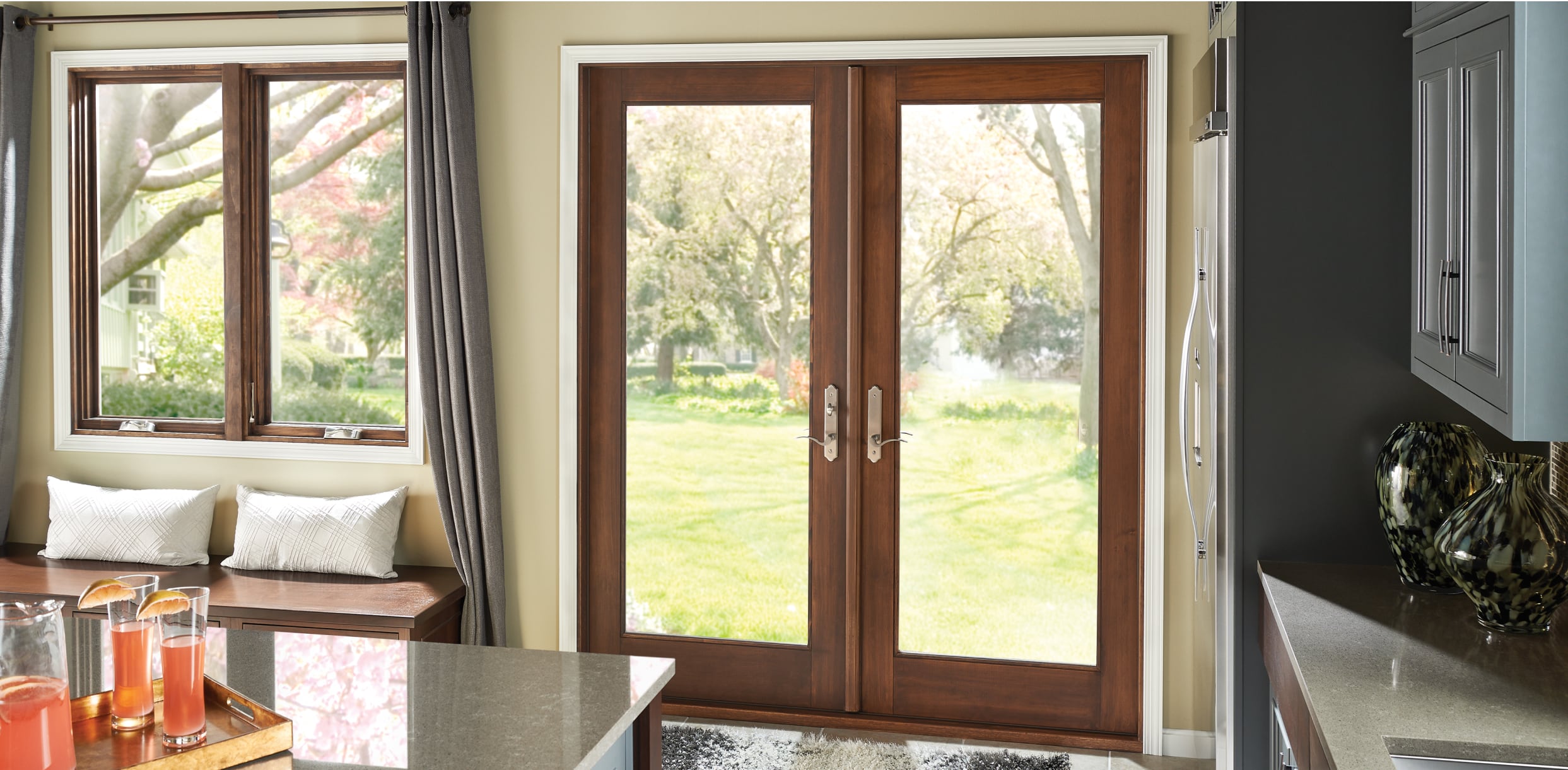 Stained Woodgrain Out-Swing MIRA Patio Door Interior View