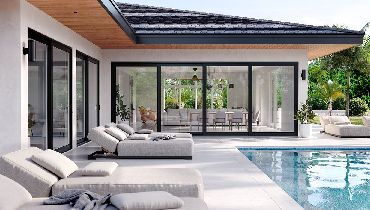 Exterior Black Four-Panel Perspective Multi-Slide Patio Door