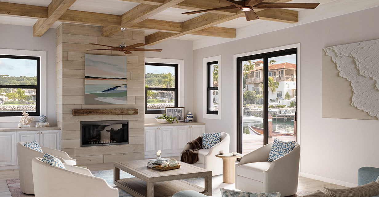 Black Coextruded TALIANA 1500 Vinyl Collection Double Hung Windows and Patio Door Livingroom Interior