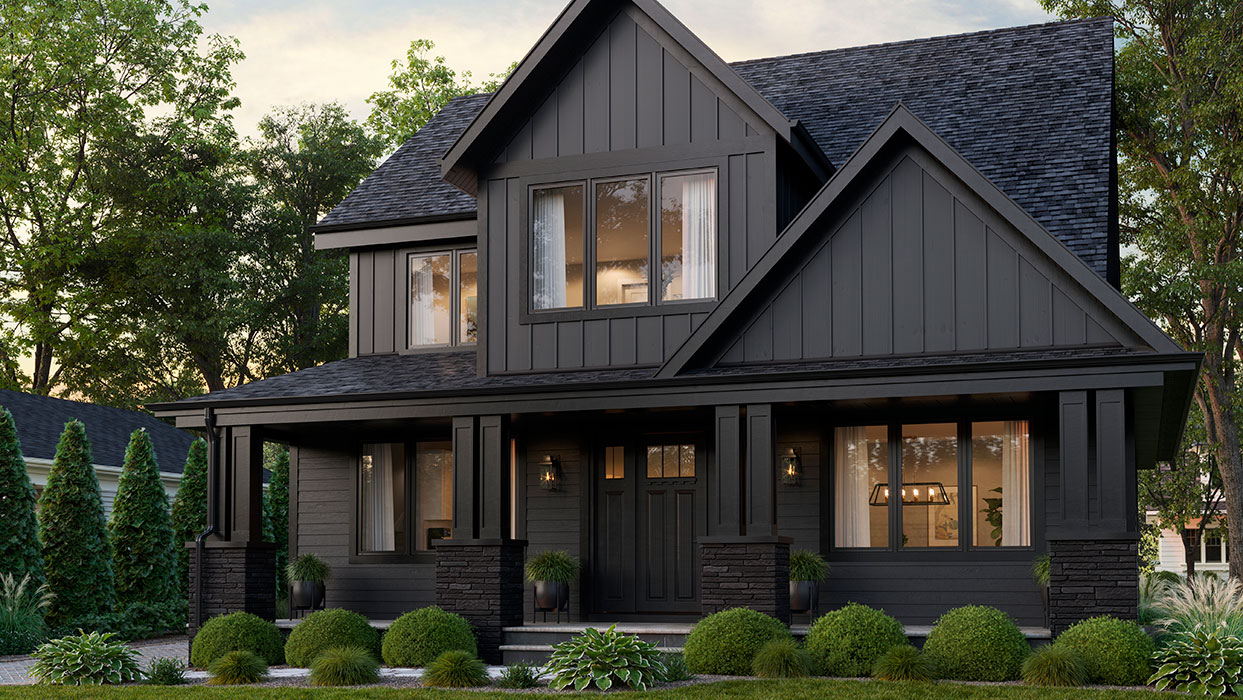 Craftsman-style home with 1500 Vinyl Collection Casements with black exterior.
