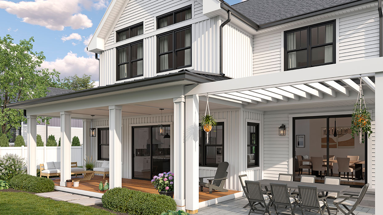 1500 Vinyl Collection Black Coextruded Sliding Patio Door and Twin Double Hung and Transom Windows