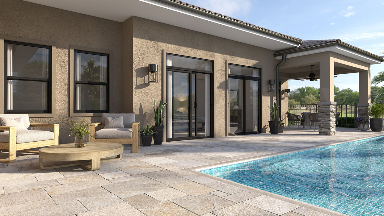 1500 Vinyl Collection Black Coextruded Sliding Patio Door with Transoms and Double Hung Windows